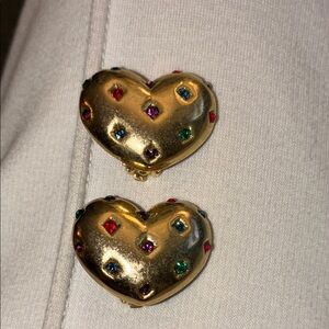 Vintage Gold Heart Earrings Clip-on with Multicolor Gems